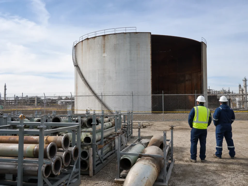 Controlled tank decommissioning zone with removed piping segregated for recycling and an empty tank shell under exterior access control
