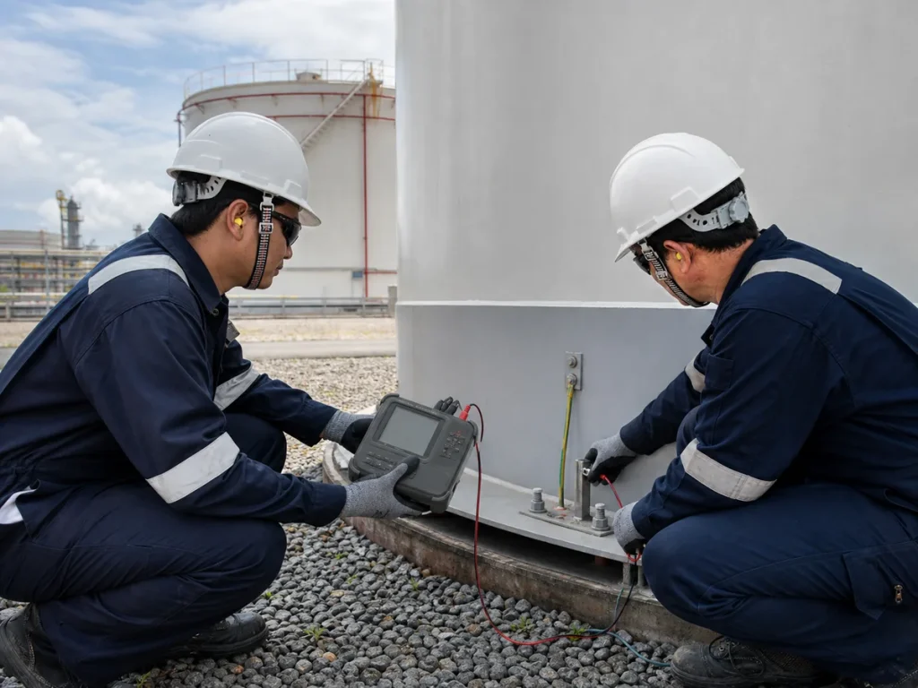 Electrical technicians performing a grounding continuity test at an above-ground storage tank shell grounding lug