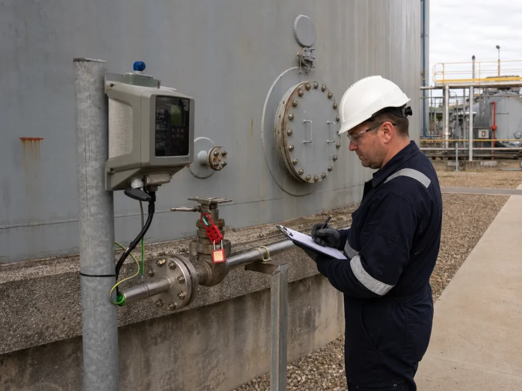Technician checking a blind-flanged line and external atmospheric-monitoring point at a decommissioned storage tank