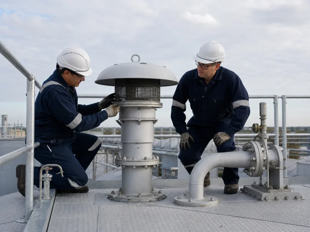 Technicians inspecting a pressure-vacuum vent on a protected fixed-roof storage tank access platform