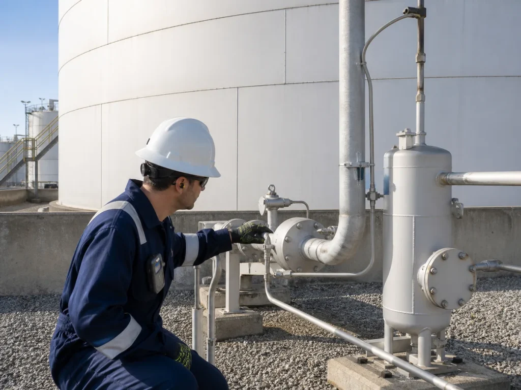 Technician inspecting a liquid knockout drum and vapor recovery line beside a fixed-roof storage tank
