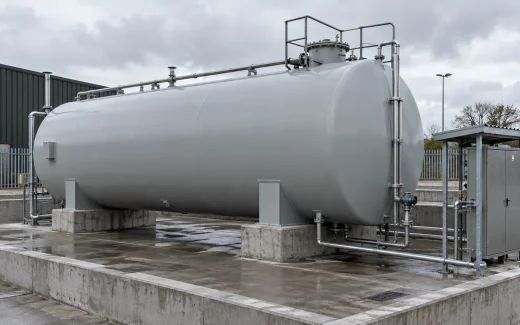 AI-generated illustration of a horizontal aboveground diesel tank with external service connections. Not a real facility or construction detail.