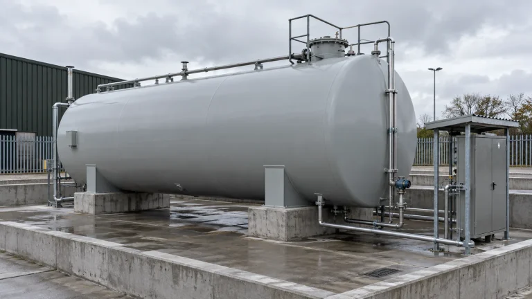 AI-generated illustration of a horizontal aboveground diesel tank with external service connections. Not a real facility or construction detail.