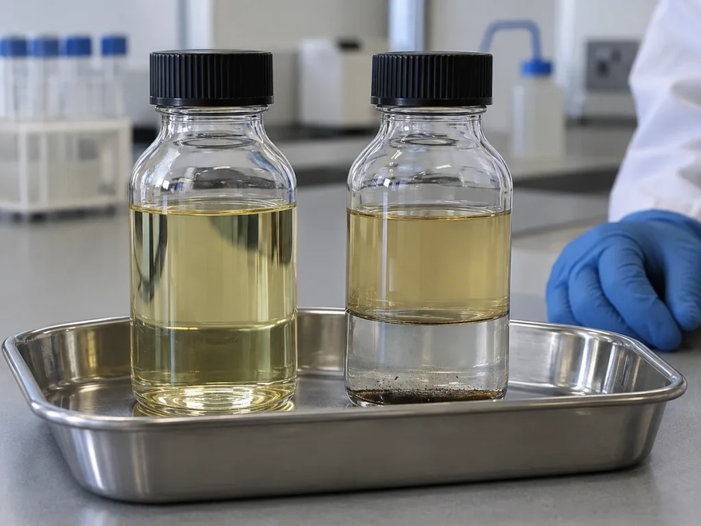 AI-generated illustration of sample bottles, including a separated lower water layer and sediment. Appearance alone cannot certify fuel quality or diagnose microbial contamination.