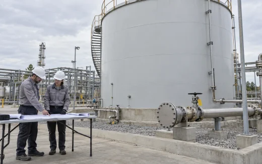 AI-generated illustration of engineers reviewing an isolated aboveground storage tank before a change of service. Not a real facility or approved isolation plan.