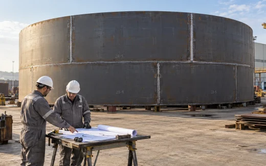 AI-generated illustration of inspectors reviewing drawings beside an unpainted tank shell in a fabrication yard.