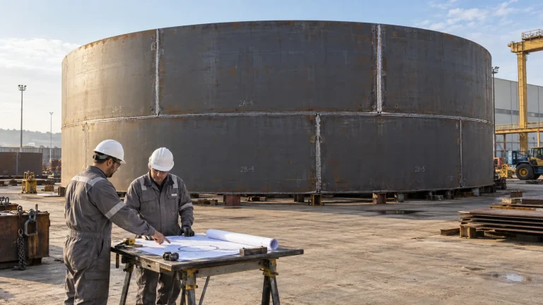 AI-generated illustration of inspectors reviewing drawings beside an unpainted tank shell in a fabrication yard.
