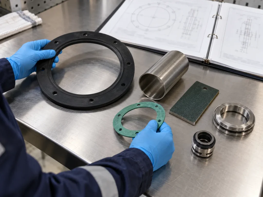 AI-generated illustration of gaskets, metal parts and a coated coupon under review. It does not establish compatibility with any stored product.